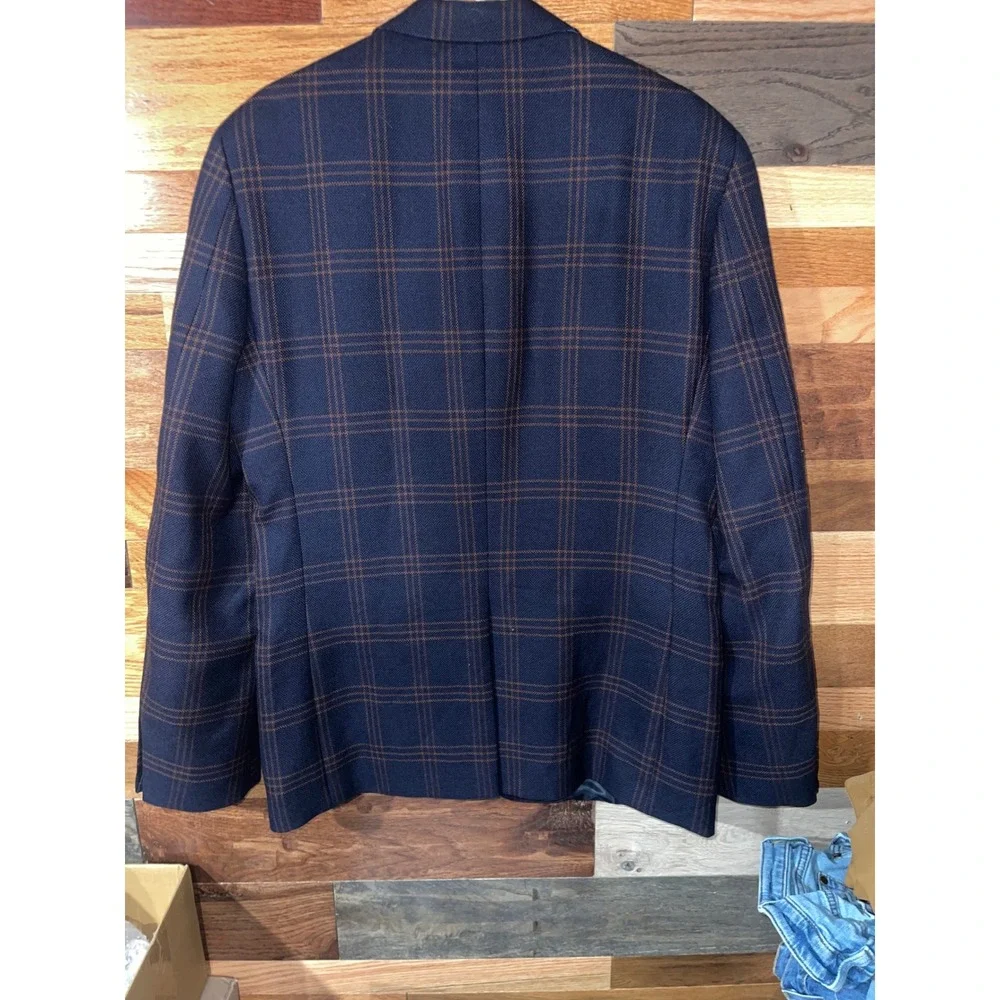 Stafford Navy Blue Plaid Sport Coat Slim Fit 100% Wool Blazer 44L